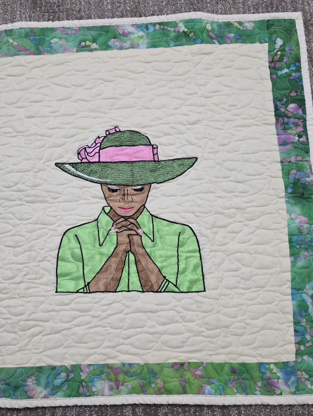 Embroidered Hanging Quilt Square African American Woman Praying Sunday Best Hat